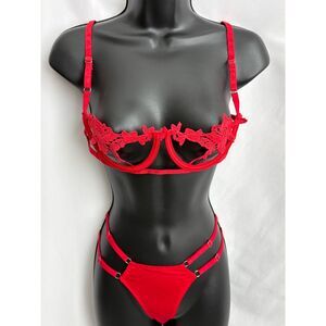 Red Lora Lingerie Set Red Embroidered Size S/M Floral Balconette Bra and Panties